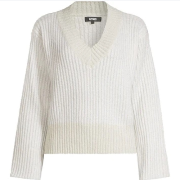 Apparis Anita Two Tone Ribbed Knit V Neck Sweater Cream Tan Large NEW - Picture 13 of 16